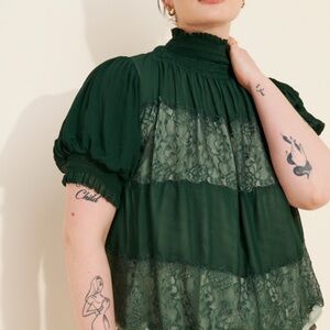 Anthropologie Dark Green Puff Sleeve High-Neck Lace Swing Blouse